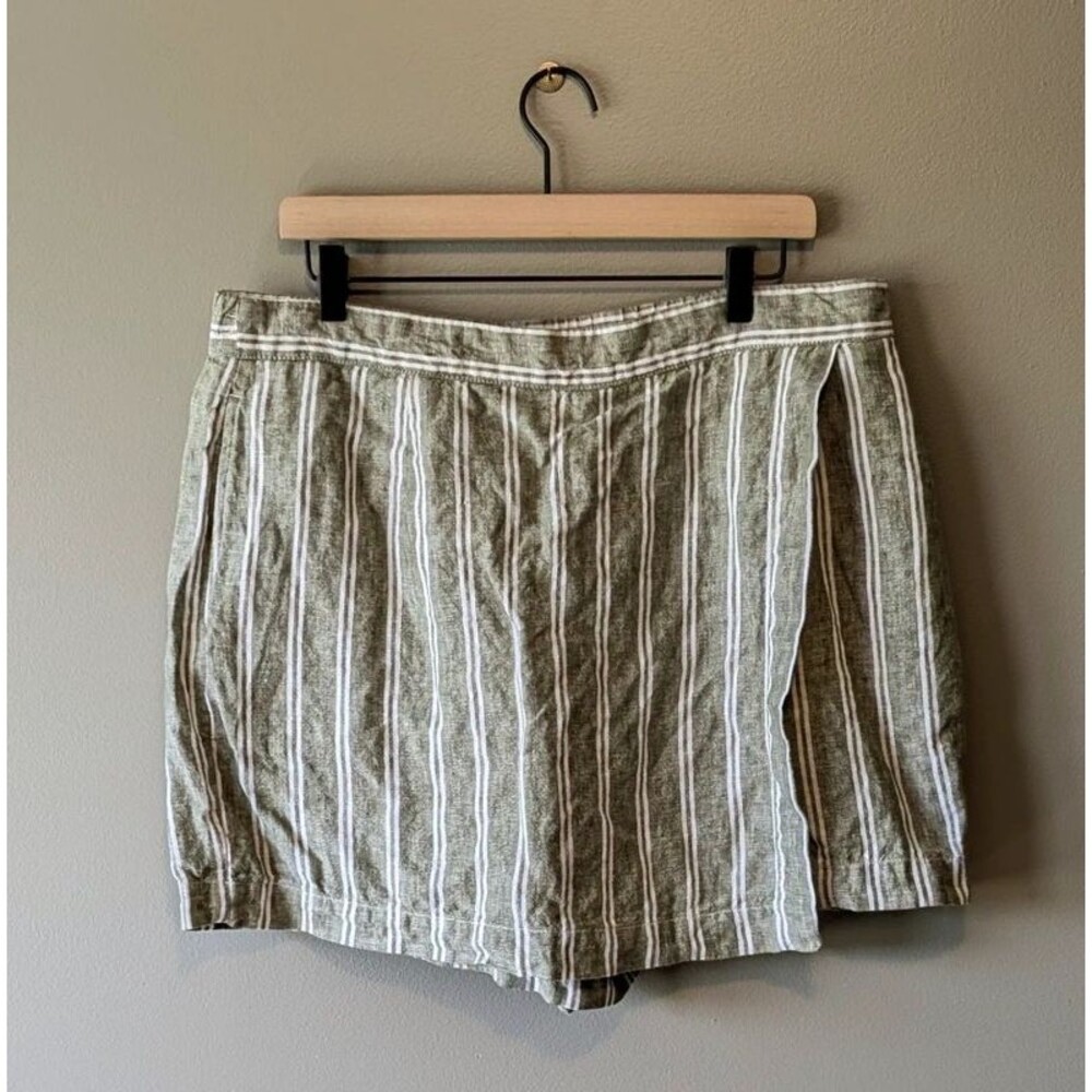 Lands' End Womens 16 Skort 100% Linen Striped Sage Green White Skirt Shorts Mini